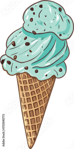 Mint chocolate chip ice cream cone vector illustration