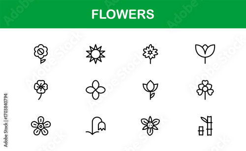 Linear flowers icons for botanical, garden, and natural design.  Perfect for digital branding, packaging, and decor with clean and versatile floral visuals.