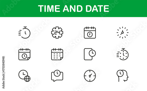 To use calendars, alarms, and planning, you should outline time and date icons.  Premium, up-to-date, and adaptable visuals can improve business, school, and digital projects.