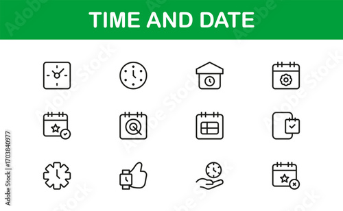 Use outline time and date icons to keep track of deadlines, get work done, and make plans.  Clean and flexible visuals that work great for apps, websites, and business presentations.