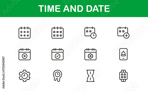 Flat date and time icons that can be used on clocks, calendars, and planning tools.  With clean, modern, and professional graphics, it's great for apps, websites, and productivity tools.
