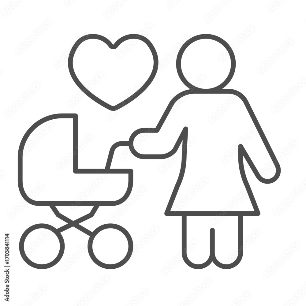 Obraz premium Mother with stroller and heart shape thin line icon, childhood concept. Vector graphics. Woman with baby pram, care sign on white background, outline style icon for mobile or web design.