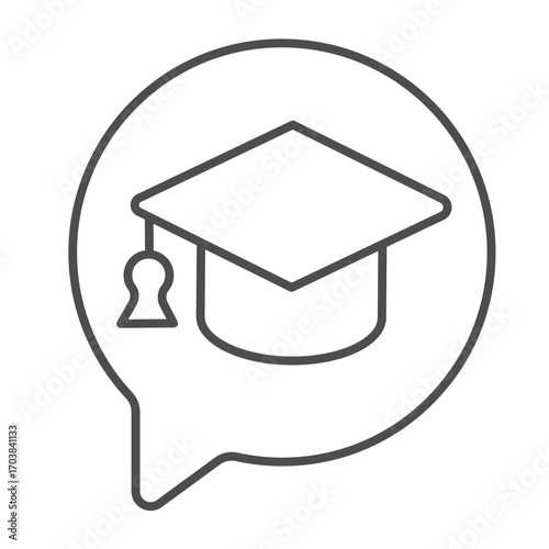 Bubble with student hat thin line icon, education concept. Vector graphics. Graduation cap in speech dialog, popup sign on white background, outline style icon for mobile or web design.