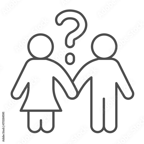 Man and woman with question tag thin line icon, family therapy concept. Vector graphics. Couple relationship dilemma, mental sign on white background, outline style icon for mobile or web design.
