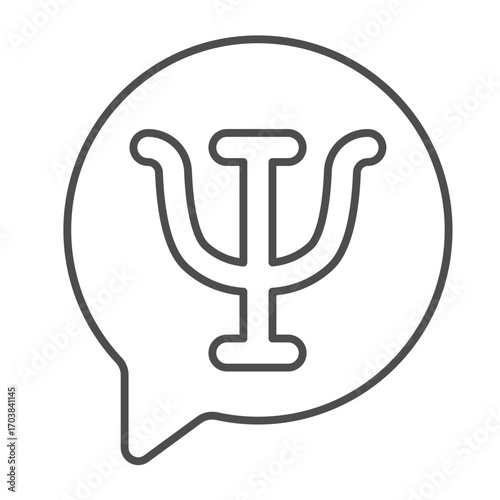 Popup bubble with trident thin line icon, psychiatry concept. Vector graphics. Trident in speech dialog, popup sign on white background, outline style icon for mobile or web design.