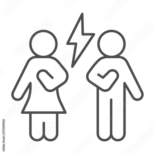 Couple and lightning thin line icon, family therapy concept. Vector graphics. Man with woman and conflict, psychology sign on white background, outline style icon for mobile or web design.