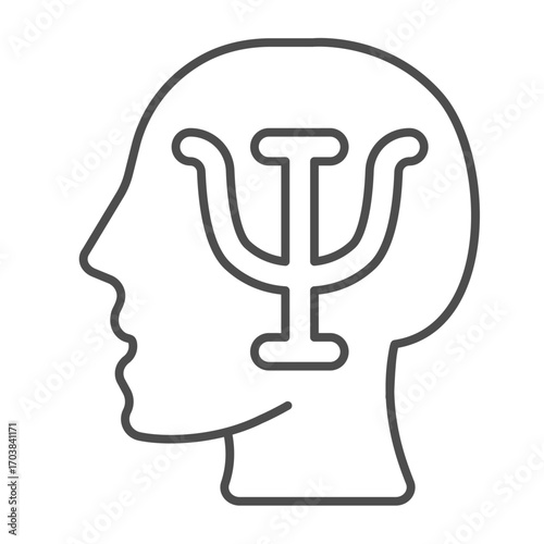 Human head with trident thin line icon, family therapy concept. Vector graphics. Symbol of psychiatry, mental health sign on white background, outline style icon for mobile or web design.
