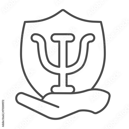 Shield with trident in hand thin line icon, family therapy concept. Vector graphics. Hand with psychiatry emblem, mental sign on white background, outline style icon for mobile or web design.