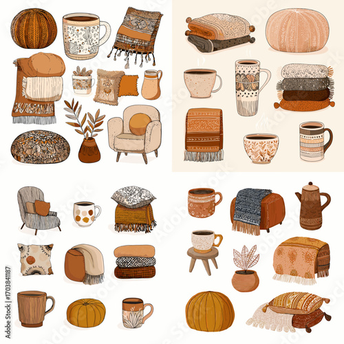 Cozy autumn home decor illustration with warm blankets, pillows, mugs, and furniture in earthy tones. Perfect for fall, hygge lifestyle, and seasonal design projects.