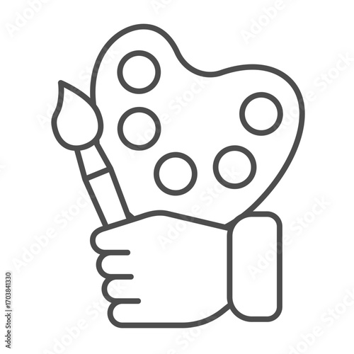 Palette with paintbrush in hand thin line icon, art therapy concept. Vector graphics. Painter hand with brush and palette sign on white background, outline style icon for mobile or web design.
