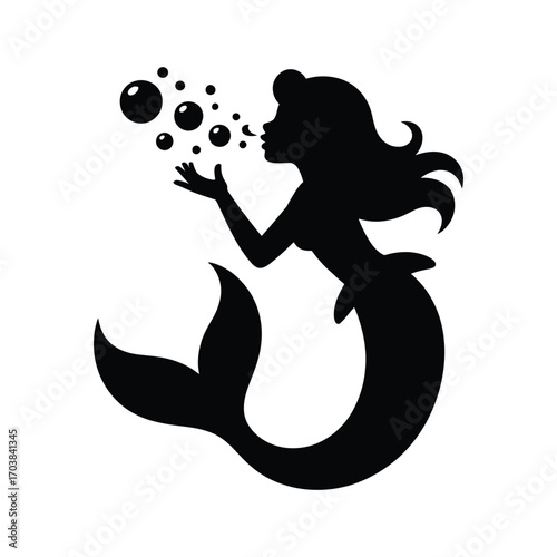Enchanting Mermaid Silhouette Illustration Blowing Bubbles Underwater in Black and White