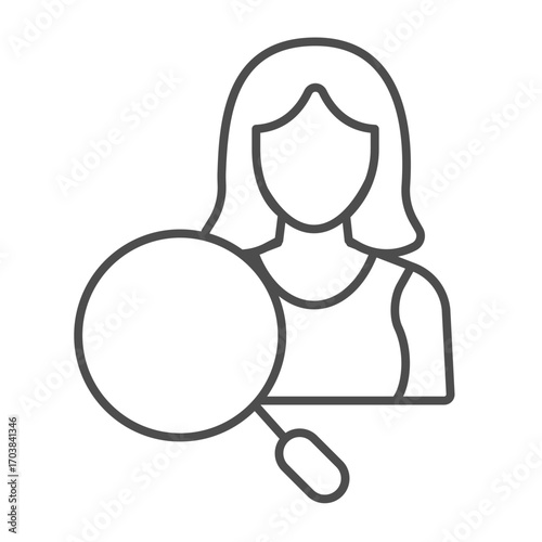 Woman with magnifier thin line icon, recruitment concept. Vector graphics. Young woman and magnifying glass, profile sign on white background, outline style icon for mobile or web design.