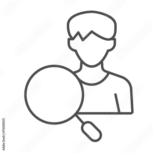 Man with magnifier thin line icon, recruitment concept. Vector graphics. Young man and magnifying glass, profile sign on white background, outline style icon for mobile or web design.