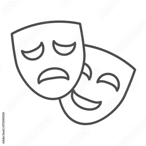 Theatrical masks of comedy and tragedy thin line icon, theatre concept. Vector graphics. Sad and positive emotion, psychology sign on white background, outline style icon of mobile or web design.