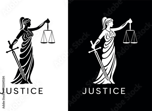 Lady Justice silhouette vector illustration, Themis with scales and sword, law and fairness symbol, legal balance, court and justice concept design
