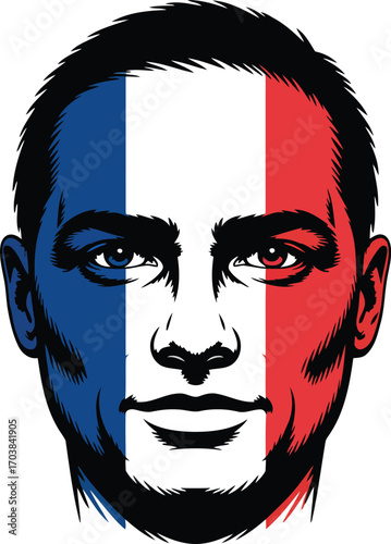 French Patriotism Portrait Vector Graphic with Tricolore Flag and Colorful Eyes