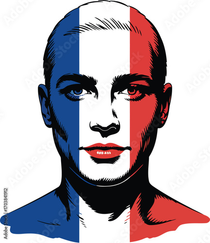 French Patriotism Portrait Vector Graphic with Tricolore Flag and Red Lips
