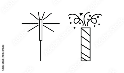 Simple line art icons of a sparkler and a firecracker