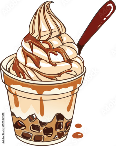 Creamy dessert with chocolate drizzle and tapioca pearls vector