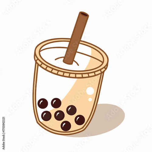 Cute bubble tea drink with brown tapioca pearls and straw beverage boba