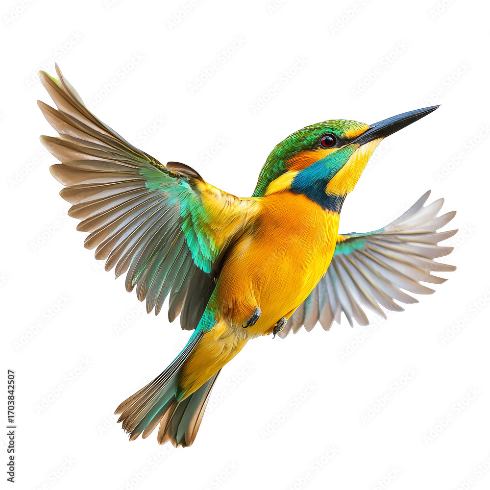 Fototapeta premium Vibrant kingfisher in flight with outstretched wings and vivid turquoise orange plumage, energetic motion and sharp beak