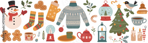 Cozy Retro Clothing, Winter Ornaments, Holiday Candles, Wrapped Gifts, Gingerbread Cookies, Warm Festive Flat Vector Elements for Seasonal Print, Web, Creative Design