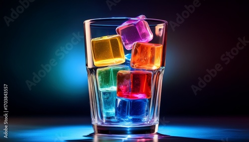 Colorful Ice Cubes Illuminated In A Glass Creating A Vibrant Display Against A Dark Background