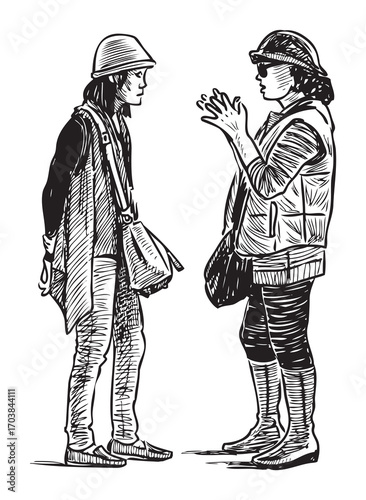 Two casual towns women standing on city street and talking, realistic sketch, profile, vector hand drawn illustration on white background
