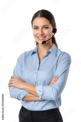 Smiling support professional with headset in studio setting highlighting customer service expertise