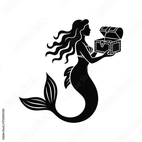 Enchanting Mermaid Silhouette Illustration Holding Treasure Chest on White Background
