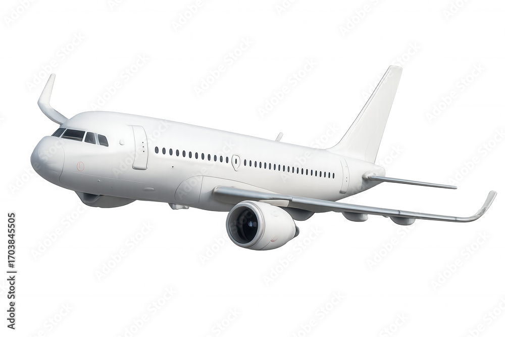 Obraz premium White passenger jet flying high, embodying cutting-edge aviation design with gleaming aerodynamic silhouette against neutral backdrop