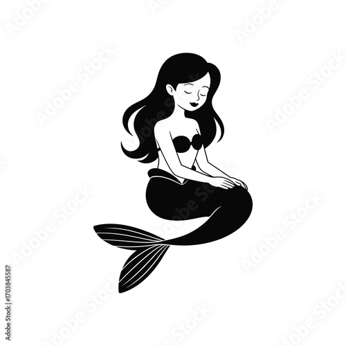 Enchanting Mermaid Silhouette Illustration of a Seated Siren with Flowing Hair and Tail
