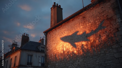 Ombre d'un requin projetée sur un mur lors d'un coucher de soleil à Paris