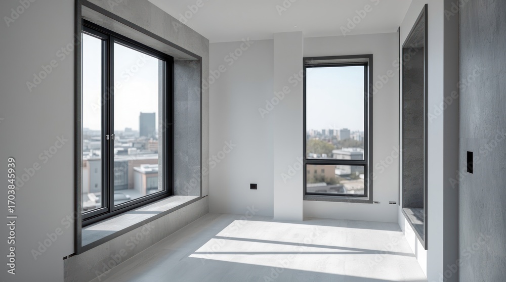 Fototapeta premium Modern empty apartment interior with large windows showcasing city skyline and natural light