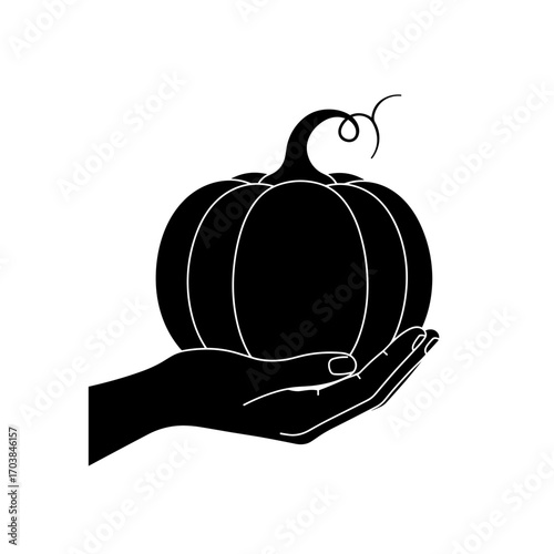 Hand holding pumpkin in silhouette for Thanksgiving preparation  