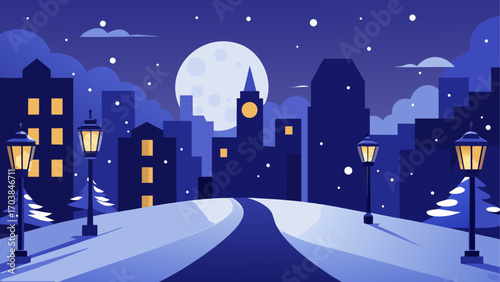 Cityscape at night with full moon and snow
