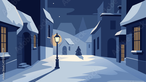 Winter night scene with street and person