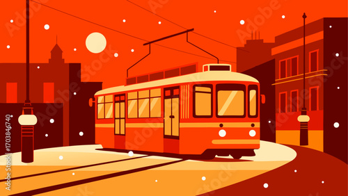 Illustration of a tram in a winter scene