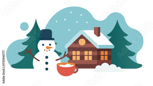 Winter scene with snowman and cozy house
