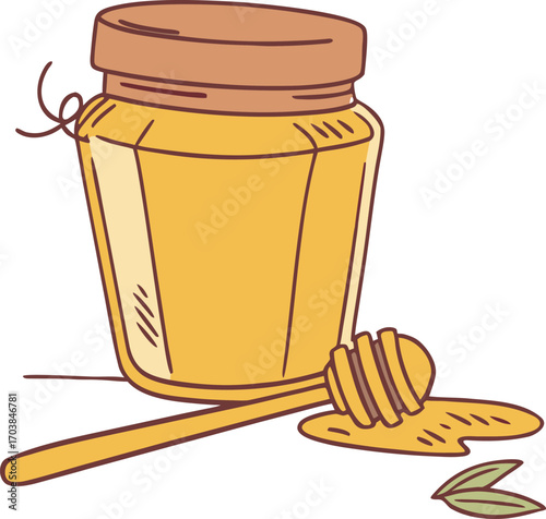 Amber liquid in glass jar with wooden dipper and leaves honey sweet