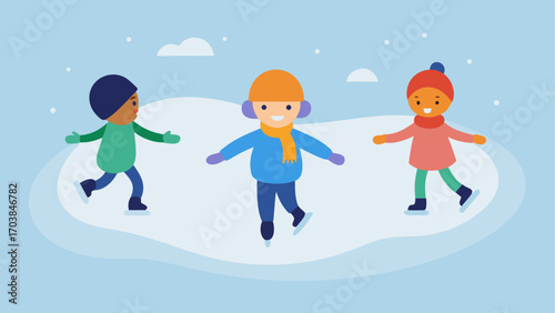 Children skating on ice in winter season