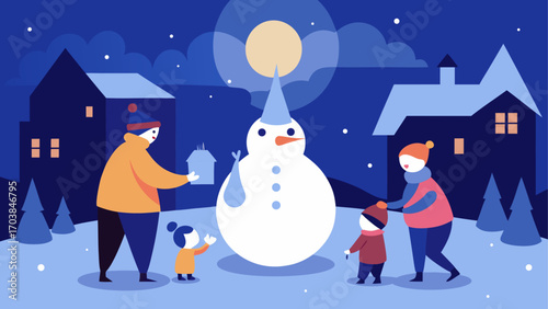 Family building a snowman at winter night