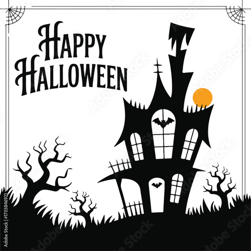 Silhouette halloween scene with haunted houses trees and bats under a full moon spooky and festive design