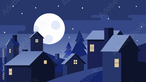 Night scene with houses and full moon view
