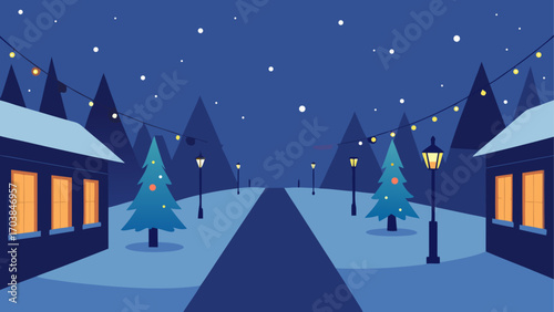 Winter village scene with christmas trees