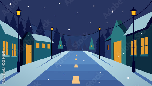 Winter street scene with falling snow night