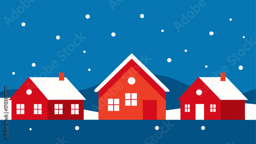 Three houses in winter with snow falling