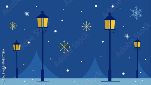 Winter night scene with street lamps snow