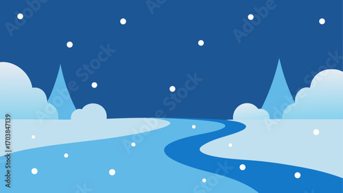 Winter landscape with river and snowfall