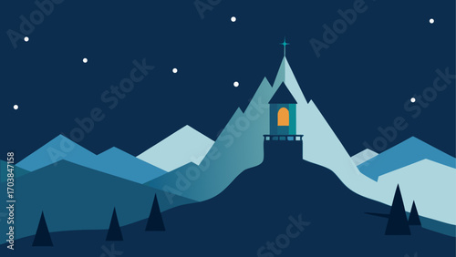Night landscape with tower and mountains